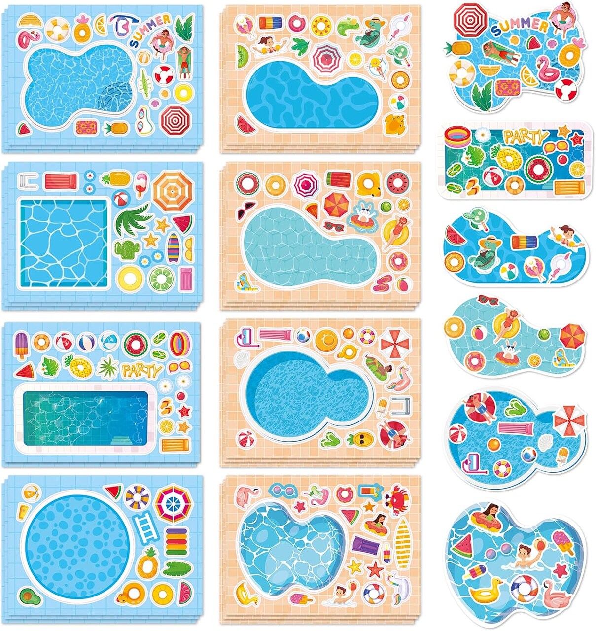 32‑Sheet Make‑a‑Pool Sticker Craft Kit for Kids | Mix & Match Summer Party Activities & DIY Scene Favors